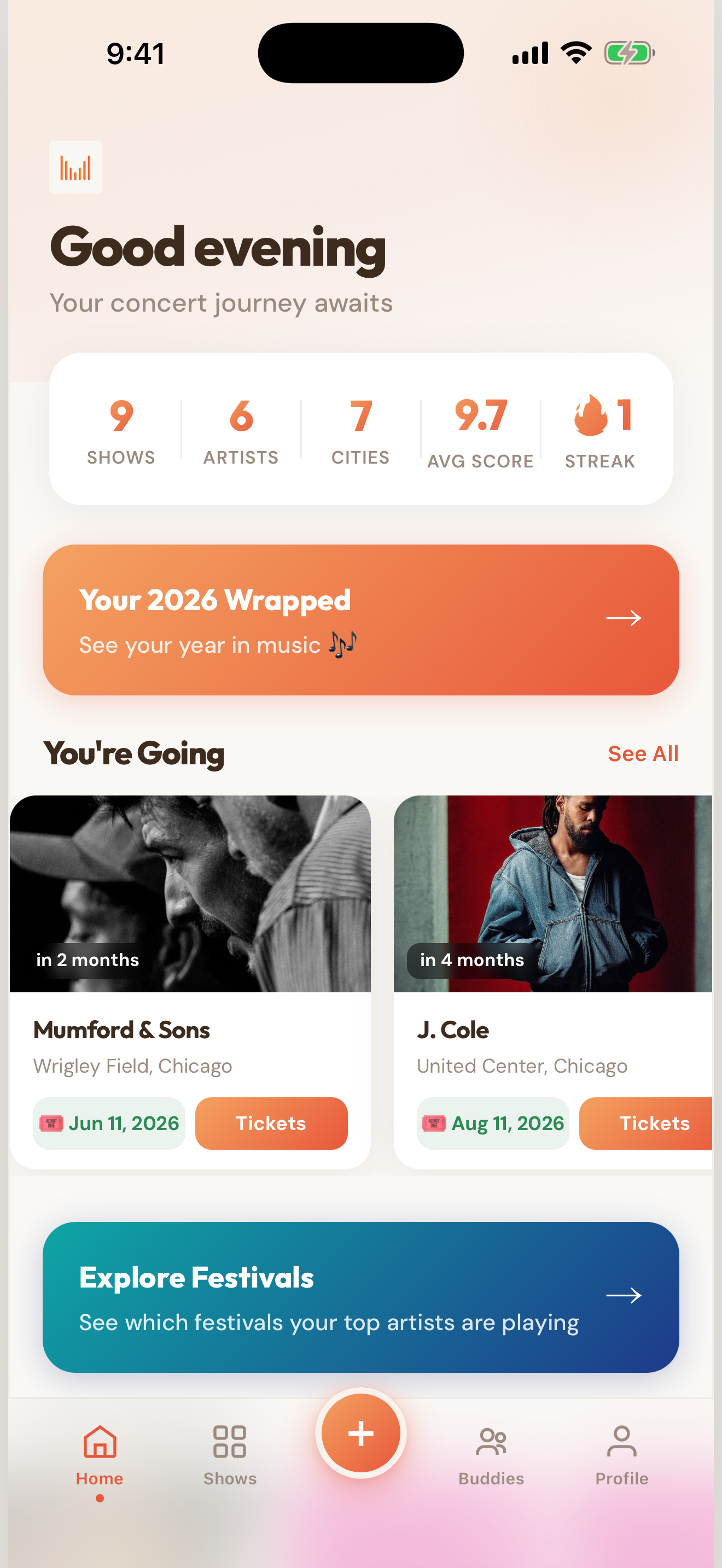 Home screen showing concert stats