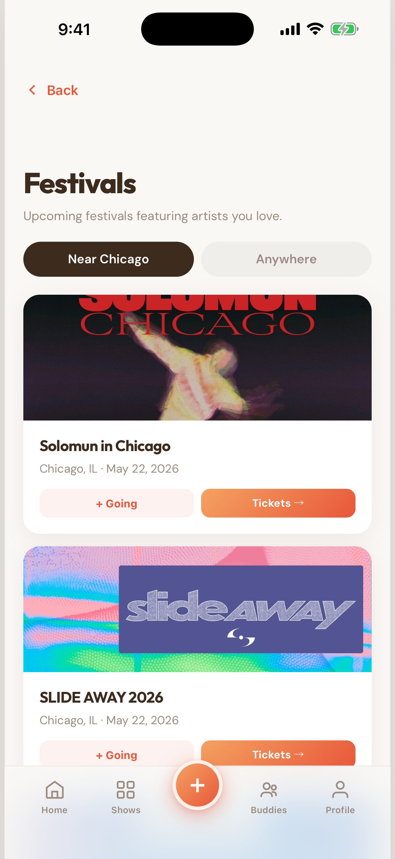 Festivals listing page