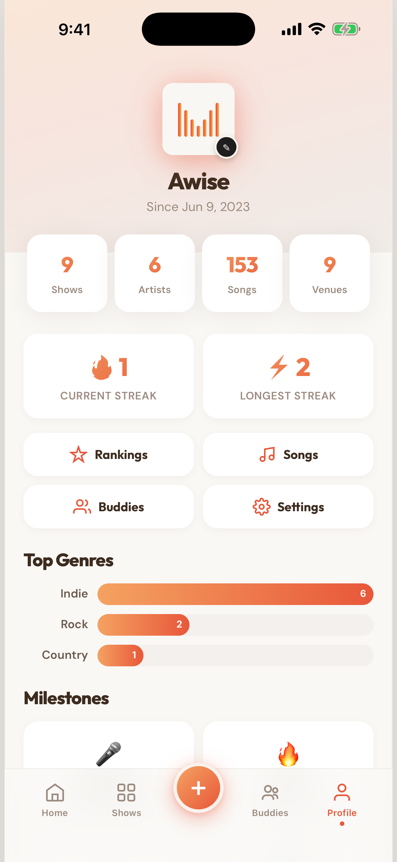 Profile view with stats and milestones